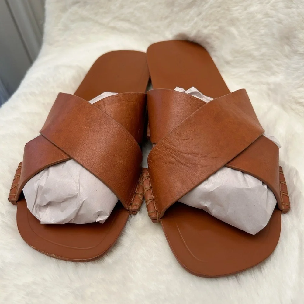 Vince Nico Tan leather‎ slide sandals with Criss-Cross Straps Sz-8.5M. O
